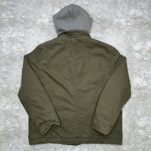 American Eagle Sherpa Lined Canvas Jacket Olive Green Plaid Hood L - Picture 2 of 13
